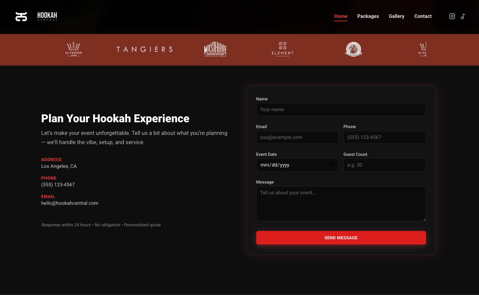 Hookah Central landing page hero with bold imagery